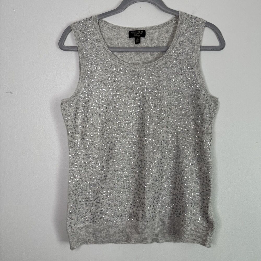 Cashmere by Charter Club Sequined 100% Cashmere Sweater Tank Vest Gray Medium